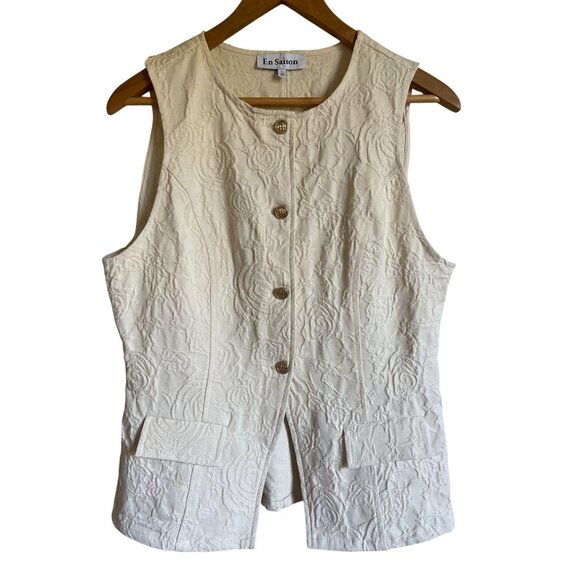 En Saison Alice Size Large Cream Ivory Vest Embroidered Gold Buttons Cotton Blen - Picture 1 of 9